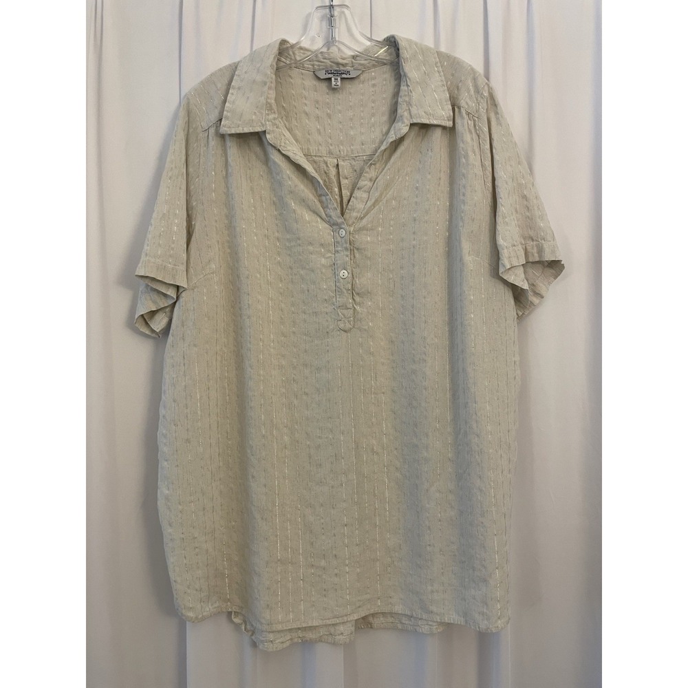 New Direction Women's Blouse Top 3X Color Ivory-Beige Metallic Silver‎ Stripes
